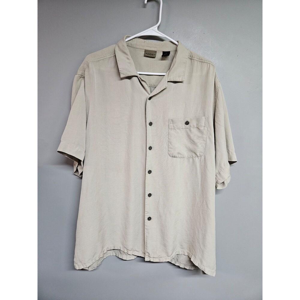 Vintage Men's Axist tan beige Short Sleeve Button Front Casual silk Shirt large